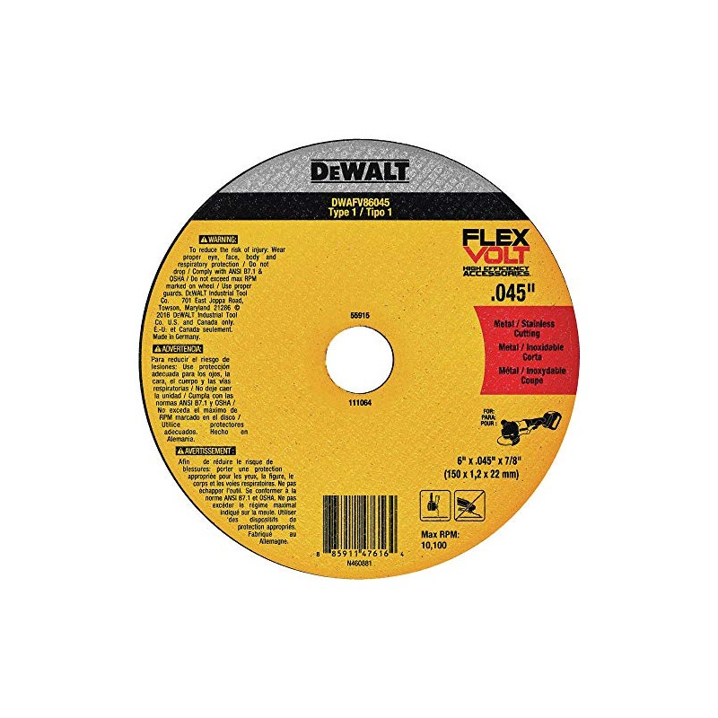 DEWALT DWAFV86045 FLEXVOLT T1 Cutting Wheel, 6" x .045" x