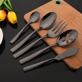 JASHII 5-Piece Black Hammered Flatware Hostess Set Stainless Steel Serving Fork Slotted Serving Spoon Butter Knife Teaspoon Set for Buffet Party Mirror Polished Dishwasher Safe