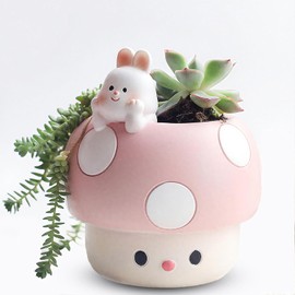EOBTAIN - Maceta única de hongos, diseño de conejo, resina rosa, suculenta, pequeñas macetas para plantas de interior, mini macetas, sala de estar, oficina, mesa, regalos para amantes de los hongos, 4