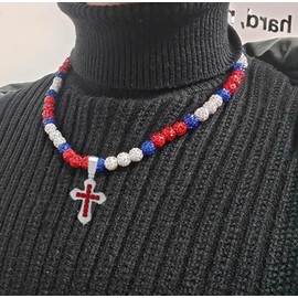 Ice Cross Pendant Baseball Necklace for Men Women - Rhinestone Bead Bling Choker - Trendy Team Jewelry (Red)