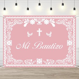 AIBIIN Mi Bautizo Banner Backdrop for Girl Pink Mexican Baptism Party Decorations God Bless First Holy Communion Photography Background Mexican Cielito Lindo Banner Photo Supplies 7x5ft