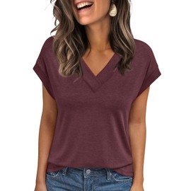 AUTOMET Womens Cap Short Sleeve T Shirts Summer Tops 2025 V Neck Dressy Casual Fashion Clothes Vacation Outfits L Burgundy