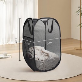 Upgraded pop-up laundry basket, with a foldable design. The handle is sturdier and made of more flexible steel support. It has storage pockets, a wide opening(1, Black)