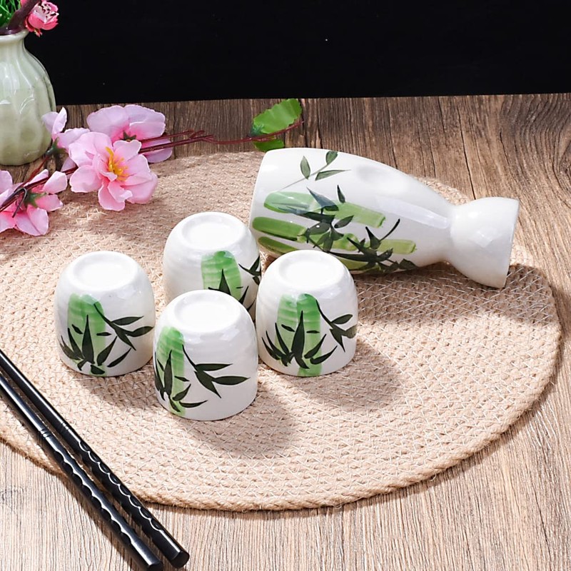 Japanese Ceramic Sake Set of 5,Bamboo Pattern Sake Pot and