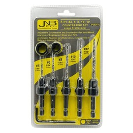 JNB Pro Wood Countersink Drill Bit Set - 5 Pc Adjustable Countersink Bit #4(7/64") #6(9/64") #8(11/64") #10(3/16") #12(7/32") - Tapered Drill Bits - 2 Adjust. Collar 3/8" & 1/2" - 1 Hex Wrench - 1/4" Quick Change Shank