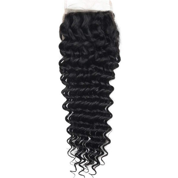 ANGIE QUEEN Human Hair Free Part Closure Brazilian Lace Closure Deep Wave Human Hair Closure Unprocessed Virgin Hair 130% Density Lace Closure Free Part Natural Color Hair Bleached Knots 8 Inch