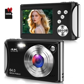 Digital Camera, Autofocus 4K Vlogging Camera for Photography, 64MP Compact Point and Shoot Digital Camera with 32GB Micro SD Card, 18X Zoom, Anti-Shake with Tripod for Teens Adult Beginner, Black