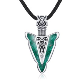 CUOKA MIRACLE 925 Sterling Silver Arrowhead Pendant Necklace, Crushed Malachite Spearpoint Necklace Crushed Malachite Spearhead Protection Amulet Pendant Rock Hip Hop Jewelry for Men Women