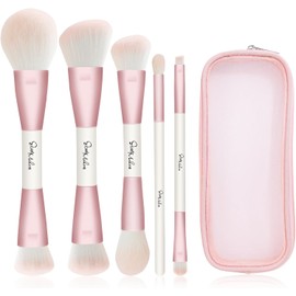 START MAKERS Brochas de Maquillaje, Set de Brochas Rosadas de Doble Punta para Difuminar y Contornear, 5Pcs para Base Líquida, Crema, Corrector, Polvo y Sombras de Ojos, Brochas de Maquillaje de Viaje con Bolsa