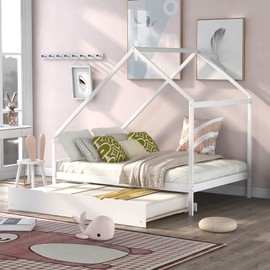 Merax Full Wooden Montessori Bed with Twin Trundle Bed, House Daybed for Boys,Girls, No Box Spring Need White
