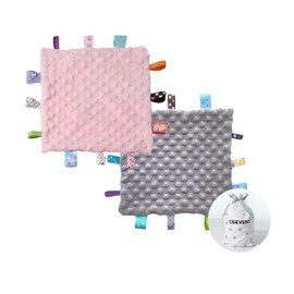 CREVENT CREVENT Tag Security Blankets for Babies, Soft Small Taggie for Boys Girls, Baby Comforter Sensory Blanket, Great Gifts for Birthday Baby Shower 10"X10" (Pink+Grey)