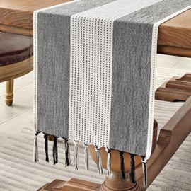 Wracra Linen Table Runner, Farmhouse Macrame Table Runners 48 Inches Long for Dining Table Decor, Wedding, Party and Dresser Decor (Black,48")