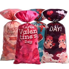 Boerni Hppy - Bolsas de plástico de celofán para el día de San Valentín, 100 unidades en 4 diseños con lazos dorados para fiestas de San Valentín