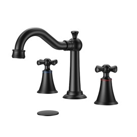 Hurran 8 Inch Widespread Bathroom Sink Faucet Matte Black, 3 Hole 2 Cross Handles Classic Vintage Antique Faucet with Metal Pop Up Drain and Supply Hoses for Vanity, RV, Farmhouse