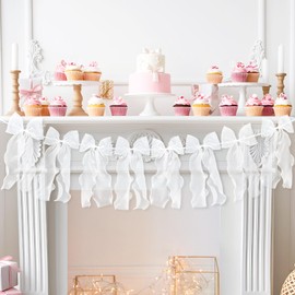 White Ribbon Bow Garland Banner, Bow Party Decortions, Girls Bow Birthday Decorations, Baby Shower Decor, Tying The Knot Bridal Shower Bachelorette Wedding Party Supplies