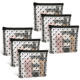 Fassave 6 Pack Mini Zipper Mesh Makeup Bags, Heart Print Nylon Cosmetic Bags Toiletry Bags for Office Travel Organization (Widened-Beige, S)