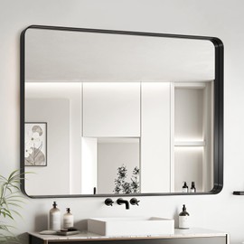 Black Metal Framed Bathroom Mirror for Wall, Rounded Rectangle Mirror, Matte Black Bathroom Vanity Mirror Farmhouse, Anti-Rust, Hangs Horizontally or Vertically (40x32)
