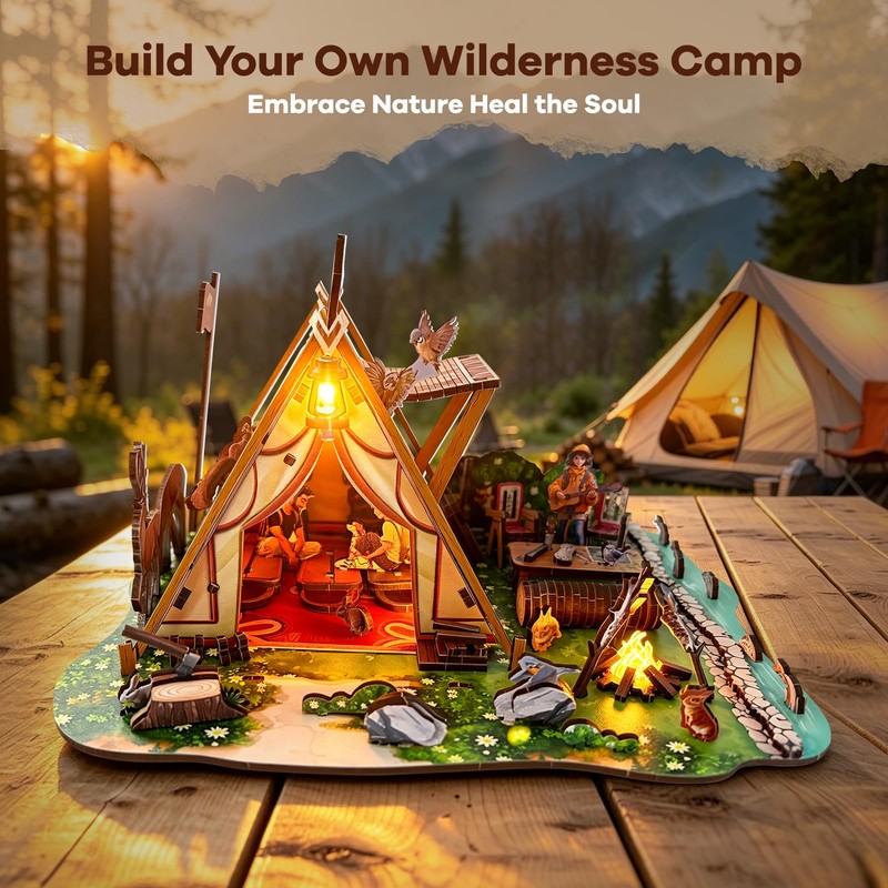 3D Wooden Puzzles for Adults,195PCS Wild Camping Miniature House Kit