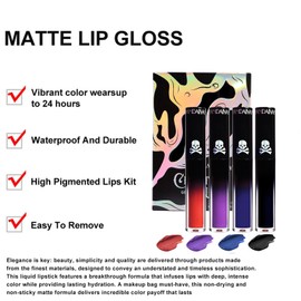 4 Pcs Black Matte Liquid Lipstick Set 24 Hours Long Lasting Waterproof Smudge Proof Matte Lip Glaze Gothic Festive Lip Gloss