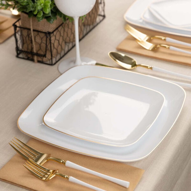 EcoQuality 6" inch Disposable Square White Plastic Plates with Gold