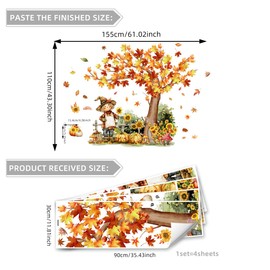 MIrabuy Large Fall Harvest Wall Decals, Autumn Tree with Sunflowers Scarecrow Pumpkin Wall Stickers for Living Room Bedroom Thanksgiving Wall Decor, 61x43 inches