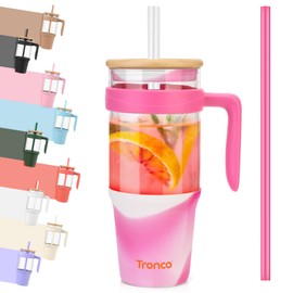 Tronco 40oz Glass Tumbler with Handle, Glass Tumbler with Straw and Bamboo Lid, Glass Water Bottles Fit in Cup Holder, Iced Coffee Cup, Smoothie Cup, BPA Free, Dishwasher Safe (Mixed Rosy Red)
