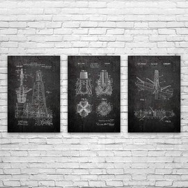 Patent Earth Oil Drilling Posters Set of 3 (5x7), Rig Worker, Roughneck Gift, Oil Industry Art, Oil Well Blueprint, Energy Contractor Dark Concrete