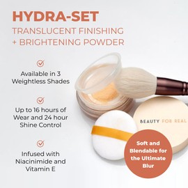 Beauty For Real Hydra-Set Translucent Finishing + Brightening Powder, Translucent 2 - Invisible, Weightless Finish - 16-Hour Wear & 24-Hour Shine Control - With Niacinamide & Vitamin E - Talc Free