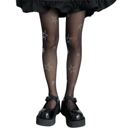 SLITHICE Women's star tights rhinestone tights black tights pantyhose gothic kawaii y2k cute stockings (US, Alpha, One Size, Regular, Regular, Black Star)