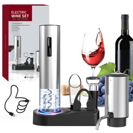 CIRCLE JOY 6-in-1 Electric Wine Opener Set Rechargeable Stainless Steel Wine Opener Gift Set with Foil Cutter, Rechargeable & Manual Wine Aerator Pourers, Vacuum Wine Stopper and Storage Base, Silver
