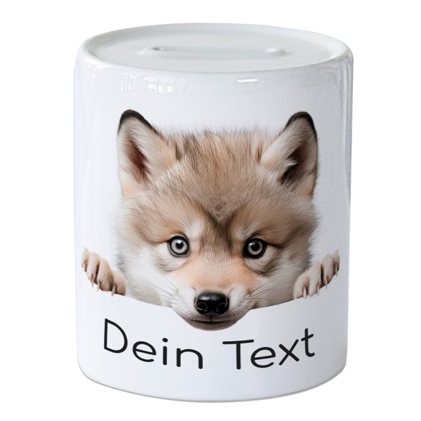 GRAZDesign Personalised Baby Wolf Money Box with Name, Money Gift for Girls and Boys Made of Ceramic