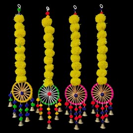 3A Featuretail 2 Feet Artificial Yellow Marigold Flowers String with Decorative Bells, Wall/Door Hanging for Home/Wedding/Festival Decoration. (Multicolour, Pack of 4)