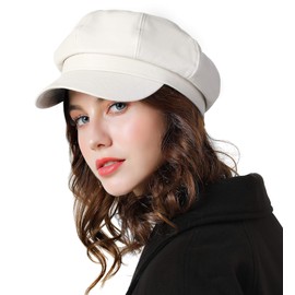 Genfien Beret Classic Plain French Women Newsboy Hat Cup Boys Faux Leather Hats for Women, White