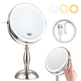 DASLAVA 20x Magnifying Mirror with Light, 3 Color Modes and Adjustable Brightness with Lighted Makeup Mirror, Side Charging Port & SideTouch Sensor, 360° Rotation Double Sided Brushed Nickel