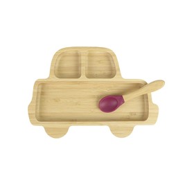 BIOZOYG Bamboo Plate Set Car I Suction Cup Plate with Spoon - FSC Certified I Cute Bamboo Wooden Bowl Set Toddler - Kids Plate & Snack Bowl I Baby Bamboo Tableware Red