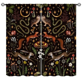 Rustic Forest Blackout Curtains Fairy Tale Forest Land Wild Animals Moths and Flowers Moon Star Background Suitable for Farmhouse Cottage Window Drapes Decoration 2 Panels 42x63in
