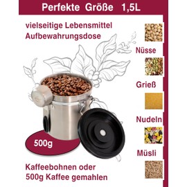 Pro@Home43® - Coffee Canister Airtight 500 g - Silver - Coffee Bean Storage Container 1.5 L Made of Stainless Steel with Calendar Function, Includes Dosing Spoon, Stylishly Packed