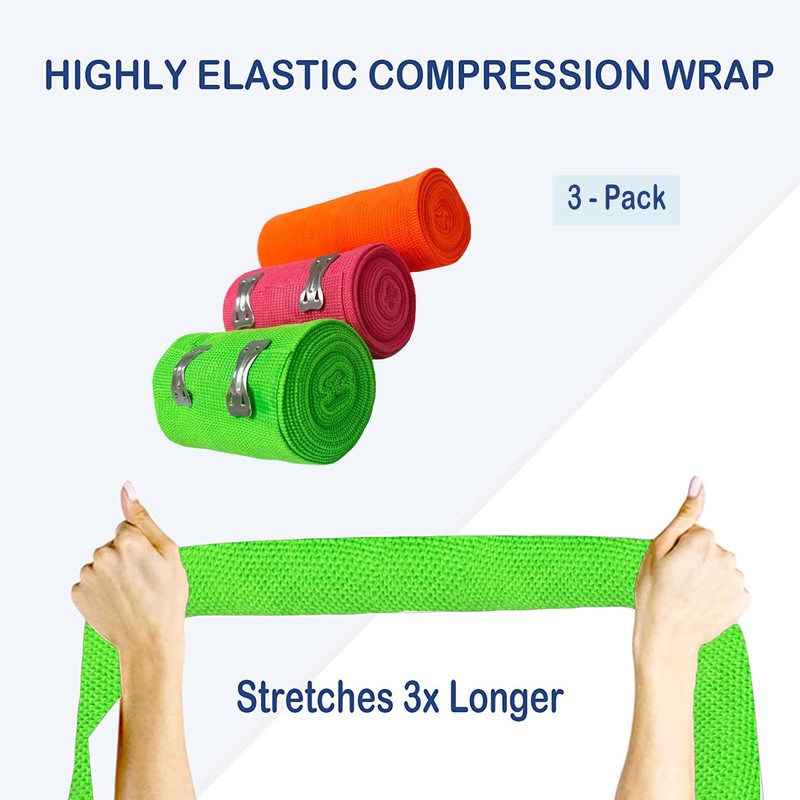 Elastic Bandage Wrap 3-Pack with Closure Clips, Comfortable Compression Support