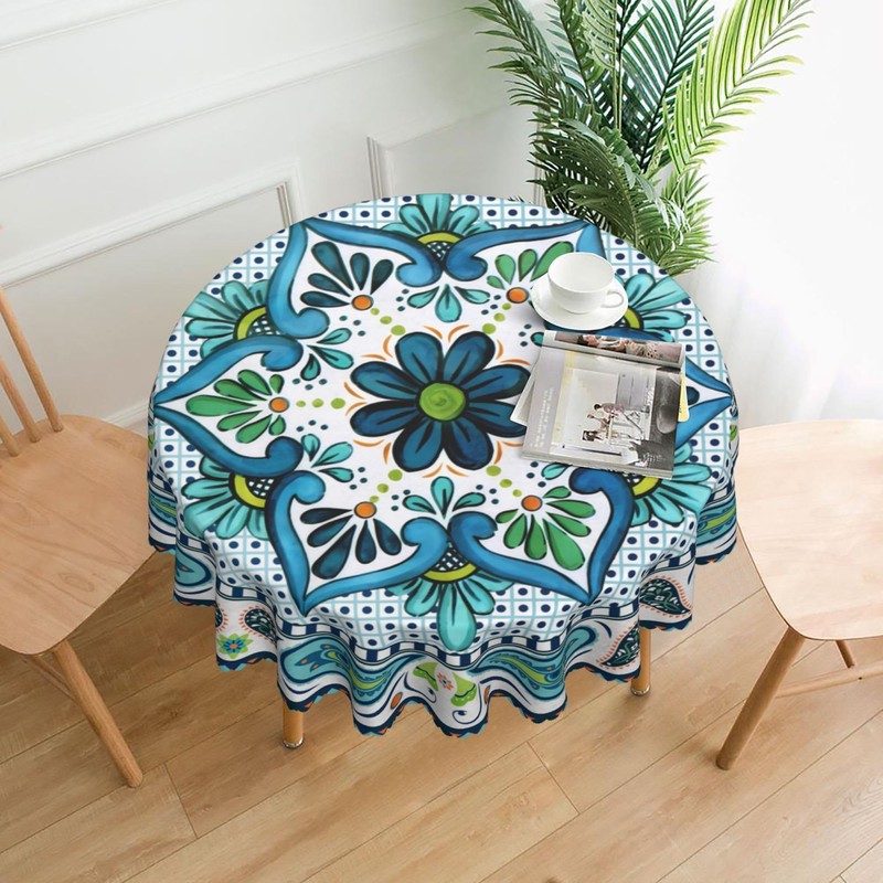 iEvery Round Wipe Clean Tablecloth, Boho Table Cloth Waterproof Wipeable
