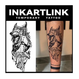 INKARTLINK Tattoo Tech, 2 Sheets Large Semi Permanent Tattoo, Adult Art Design Temporary Tattoos, Lasts 1-2 Weeks, Waterproof, Realistic Look, No Reflection (Wolf Sword)