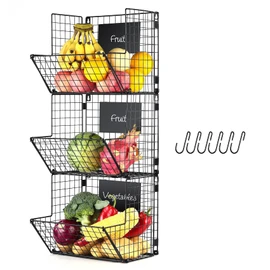Epicano Metal Wire Basket Wall Mount,3-Tier Hanging Basket Fruit organizer with Removable Hooks Chalkboards, Rustic Fruit Vegetable Storage Bins for Kitchen Counter, Garage Or Bathroom(black)