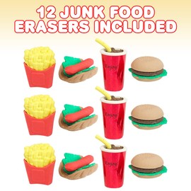 ArtCreativity Pull Apart 3D Junk Food Erasers, Set of 12, Mini Assorted Food Erasers for Kids, Back to School Supplies for Boys and Girls, Birthday Party Favors and Goodie Bag Fillers
