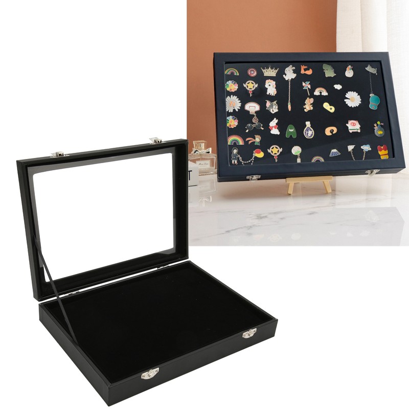 Pin Display Case Dustproof Transparent Glass Lid Badge Storage Box