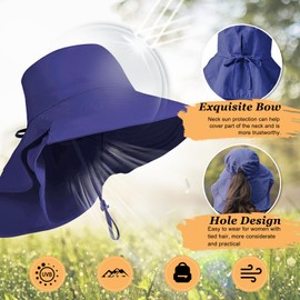 JUPSK Women's Sun Hat, Wide Brim Ladies Summer Fisherman Hat UV Protection Beach Hat with Neck Flap for Women,Girls Outdoor Fishing Travelling Mountaineering Navy Blue