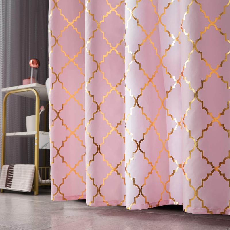 Pink Shower Curtain Gold Moroccan Pattern with 12 Hooks Included,