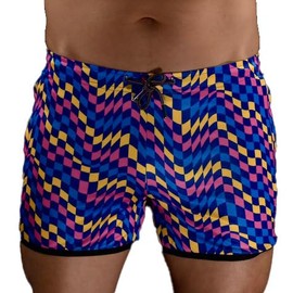 Mens Running Booty Shorts, Zippered Pockets, Rave & Party Short Rainbow Gay Rainbow 3in Inseam Shorts (Checkerboard, S)