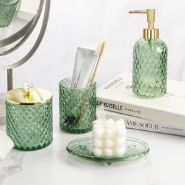 Green Bathroom Accessories 4Pcs of Glass Bathroom Counter Organizer Set,Toothbrush Holders, Soap Dispenser, Apothecary Jar, Vanity Tray, Bathroom Decor Gifts