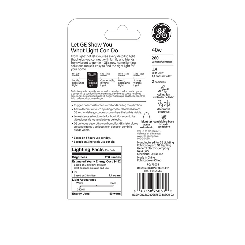 GE Lighting 12165 Light GE2PK40W CLR Blunt Bulb, Incandescent Bulbs,