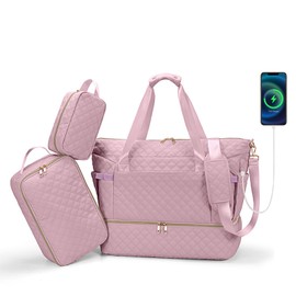 Leathario Travel Duffel Bag for Women, Gym Tote Bag with Shoe Compartment & Wet Pocket, Lightweight Holdall Luggage Bag, Weekend Bag with Trolley Sleeve for Vacation