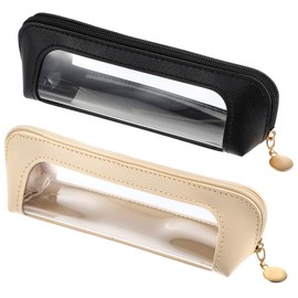 Kifmurase 2Pcs Clear Makeup Brush Bag, Leather Slim Makeup Case, Portable Transparent Waterproof Cosmetic Pouch with Zipper, Double Sided Clear Bag for Women Travel Storage (White, Black)